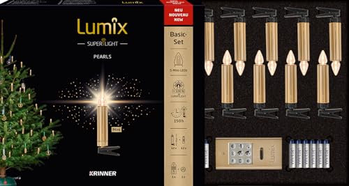 Lumix® SuperLight Pearls Mini von KRINNER kabellose LED Christbaumkerzen Weihnachtsbaumkerzen 12er Basis-Set Gold glänzend 9cm warmweiß inkl. Fernbedienung 78128