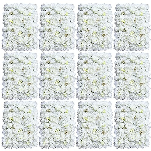 Akuoyiexemye 12 Stücke Künstliche Blumenwand Panel 60×40cm, DIY Seidenblumen Kunstblumen Wanddekorationskulisse für Hochzeit Dekor Party Hintergrund (Weiß Rose+Dahlie)