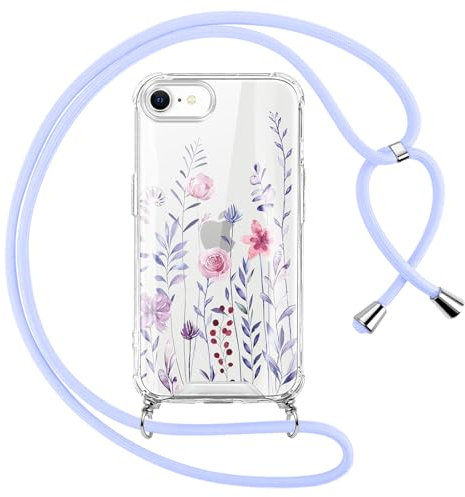 Oelrstfe Handyband für iPhone 8/iPhone SE 2020/iPhone 7/SE 2022 Hülle mit Band,Blumen Motiv Transparent Silikon Handyhülle mit Kette Kordel zum Umhängen Stoßfest Kratzfest Glitzer Schutzhülle,Blau