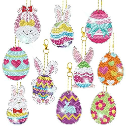 MHwan Painting Ostern Anhänger, 10 Stück 5D Süßer Hasen Ei Diamond Diamond Painting, DIY-Diamant-Malset für Kinder, Um Die Praktischen Fähigkeiten und Aufmerksamkeit der Kinder zu Fördern
