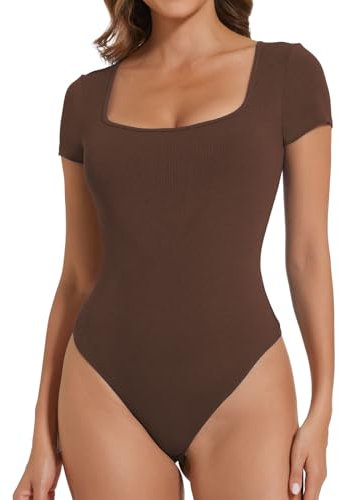Joyshaper Body Damen Kurzarm Bodysuit Eckiger Ausschnitt Stringbody Elegant Damenbody Sommer Oberteil Tops T-shirts Braun,L