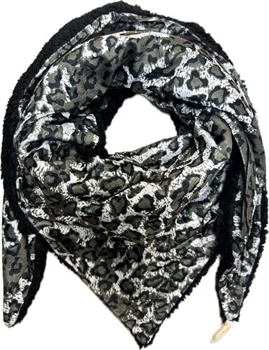 Jeamis XXL Dreieck Teddyfell Schal Strickschal Leopard Warmer Winter Schal Fashion Tuch Dreieckschal mit Knopf Stola Herbst Frühling Tuch Leo (Schwarz)