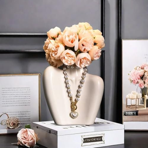 Hosoncovy Keramik Weibliche Körper Vase mit Halskette Dekor Blume Vase Körper Kunst Vase Menschliche Skulptur Vase Blumenhalter für Home Office Tischdekoration (Weiß)
