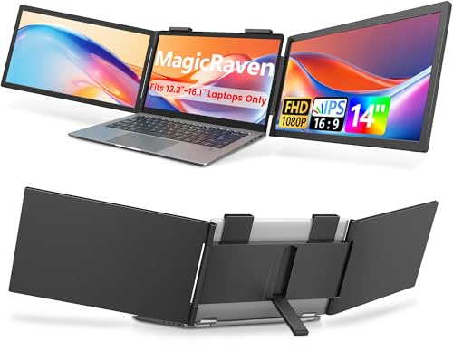 MAGICRAVEN - Laptop Dual Screen Extender, 14 inch 1080P IPS Portable Triple Monitor for 14-16.5 inch Laptops with USB-C Port, Plug and Play, Fixing Screen