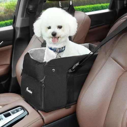 Pawaboo Hunde Autositz für kleine Hunde, Mittelkonsolen-Hundesitzerhöhung, Verdicktes Hundeautositz mit Weichem Plüsch, Hundbett mit Befestigung und Sicherheitsleine, bis zu 15lbs, Schwarz/Grau