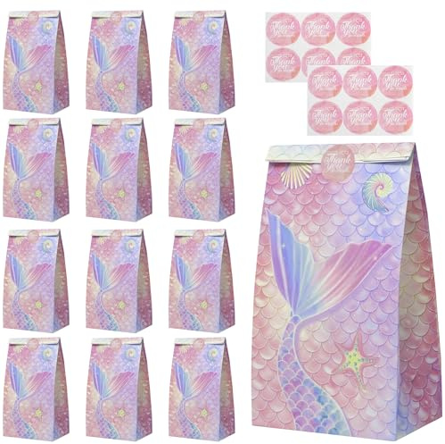 12 Stück Geschenktüten, Meerjungfrau Papiertüten Geschenktüten mit Aufkleber, Weihnachten Geschenk Verpackung Papier Candy Partytüten Set zum Verpacken von Geschenken, Giveaways,Hochzeit, Party
