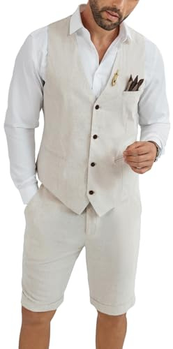 HUEZOE Mens Linen Suit 2 Piece Short Suits for Men Casual Summer Beach Groom Wedding Suit Linen Vest Shorts Set, Beige, L