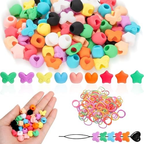 Acidea 90pcs Silicone Beads for Hair, Colorful Rainbow Soft Rubber Hair Bead for Kids Girls, Pony Beads Bulk for Women Hair Accessories for Braids - 3 Shapes