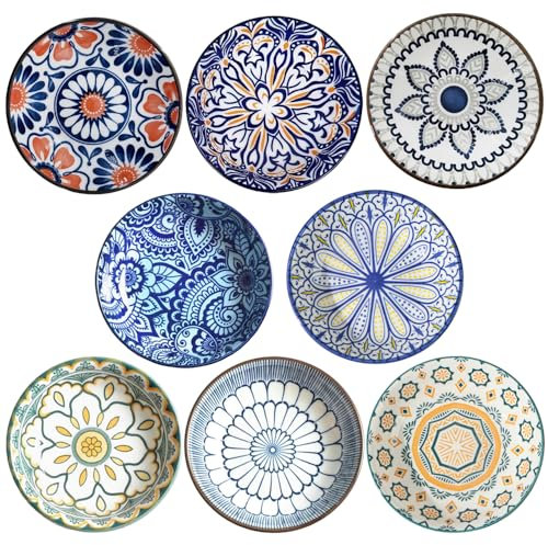 HAPLOVE Porcelain Tapas Bowls Set of 8, 10cm (4), Small Ceramic Dipping Bowl, Snack Bowls for Sushi, Sauce, Bohemian Style, Microwave & Dishwasher Safe