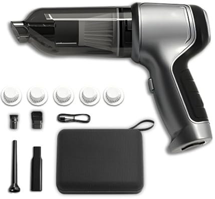Aspirateur Vortex Compact Pro, Voiture Puissant sans Fil, Portable Aspirateur Convient Aux Poils d'animaux, Aux Voitures et à Un Domestique (1x Gris Argenté + 5 Filtres + 4 Embouts)