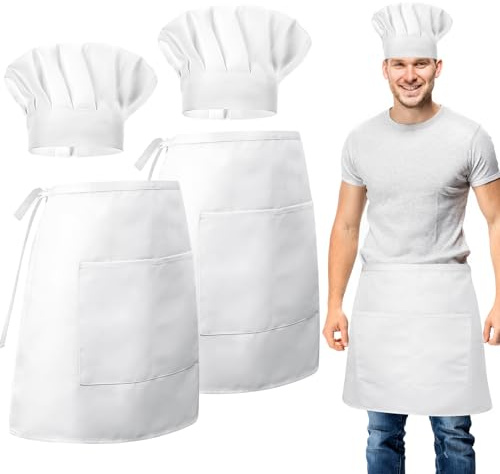 Livdouyu Juego de delantal y gorro de cocinero blanco para hombre y mujer, con bolsillo y gorro de cocinero ajustable para cocinar, hornear y cocinar