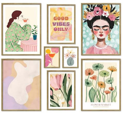 ARTFAVES® Poster Set - ABSTRACT ART GALERIE - mehrteilige Wanddeko Wohnzimmer & Schlafzimmer - 8 moderne Wandbilder abstrakt, pastell, sommer, frühling, kunst, frida kahlo - mit Rahmen Eiche-Optik