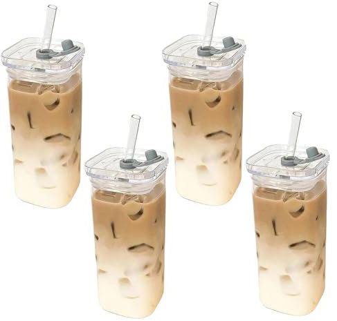 Tazze di vetro quadrate con coperchi e cannucce 4pcs 400 ml da 2x5 pollici quadrati a temperatura in vetro bottiglie resistenti all'acqua resistenti per caffè, succo di succo, tazze di bevande con co