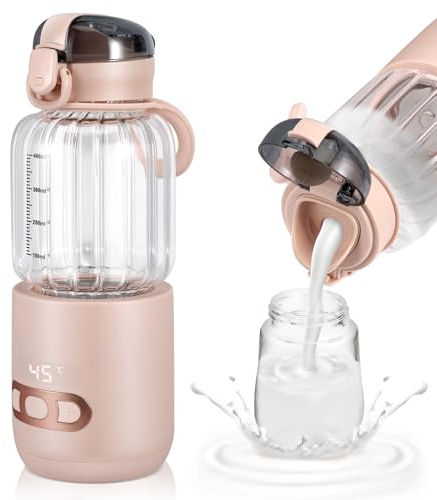 Chauffe Biberon Nomade, Chauffe Eau Portable Voiture 400ml, Chauffe-plats pour Bébé Visuel avec Contrôle de Température pour Voyages Extérieur, Température Réglable de 37°C à 55°C(Rose)