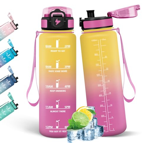 HoneyHolly Trinkflasche 1L, Auslaufsicher mit Zeitmarkierung, Wasserflasche, Sportflasche mit Filter, Trinkflasche Kohlensäure Geeignet, Flasche, Wasserflasche Sport für Outdoor, Fahrrad, Fitness