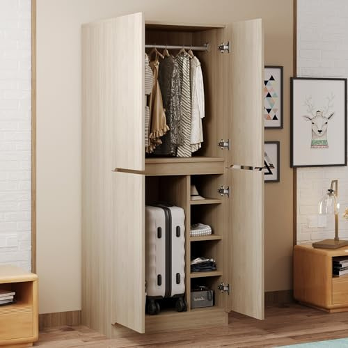 Soweiz Kleiderschrank 70×40×170 cm, Doppeltür-Design mit Vier kleinem Staufach, Geräumiger Stauraum, Optimale Raumaufteilung (Holzfarbe)