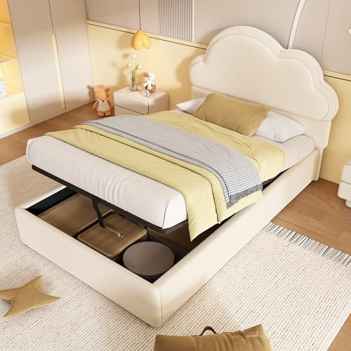 Miyemo Single Bed Frame with Storage, 3ft Upholstered Ottoman Bed with Headboard & Hydraulic for Adults & Teenagers, Cloud-Shaped Velvet Backrest, Velvet + Plywood, 90x190cm, Beige, (No Mattress)