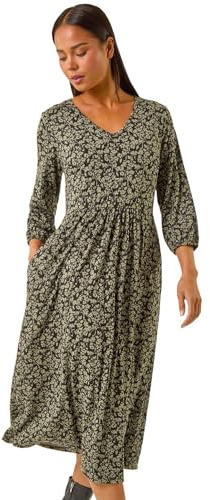 Roman Stretchy Dress for Women UK Ladies Pockets Gathered Waist Ruched Chest Midi Holiday Spring Summer V Neckline Evening Vacation Work Party Going Out Soft - Khaki - Size 16