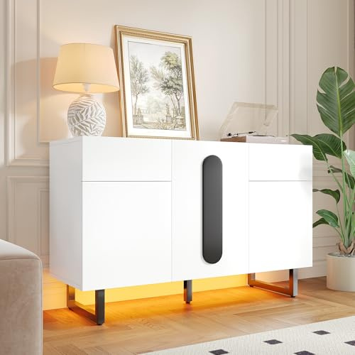 FammyLoft Sideboard mit Stauraum, Wohnzimmerschränke mit Schubladen & Türen, Kommode mit Verstellbaren Trennwänden, Allzweck Schrank für Küche, Wohnzimmer und Esszimmer, 120 * 40,5 * 75cm, Weiß