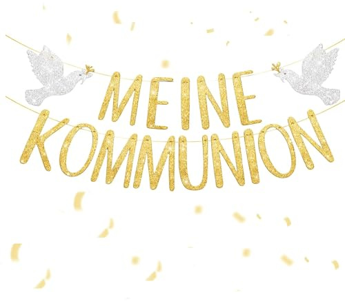 ZMaglorian Kommunion Girlande Gold Mit Glitzer Banner & Taubenmotiv, Papiergirlande Für Mädchen & Jungen, Aufhängbar An Wand Fenster Kamin Tisch, Erstkommunion Deko Inkl. 4m Goldener Aufhängschnur