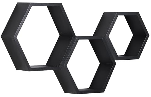 MIHORLIFE Hexagon Wandregal, Wohnzimmer Deko Wand, Holz Hängeregal für Schlafzimmer, 3er-Set(Schwarz)