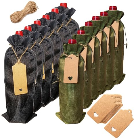 Pack of 12 Premium Burlap Wine Olive oil Gift Bag Set with Gift Tags – Reusable Drawstring Jute Covers Ideal for Christmas, Weddings, Parties, Blind Tastings, Travel, and Home Storage（Green + Black）