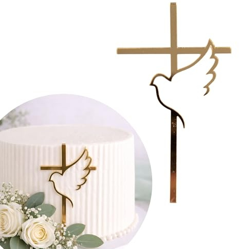 Cake Topper Kreuz Gold mit Taube 12 cm – Tortendeko Kommunion Taufe Konfirmation Firmung – Acryl Spiegel - Kuchendeko christlich