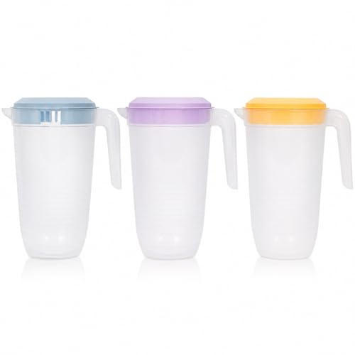 eMKay® Pack of 3 Drinking Pitchers Jug Freezer Dishwasher Safe | 2.25L BPA Free Reusable Plastic Transparent Pitchers Water Juice Jug with Pastel Colour Lid, Handle & Pour Spout | Orange Purple Blue