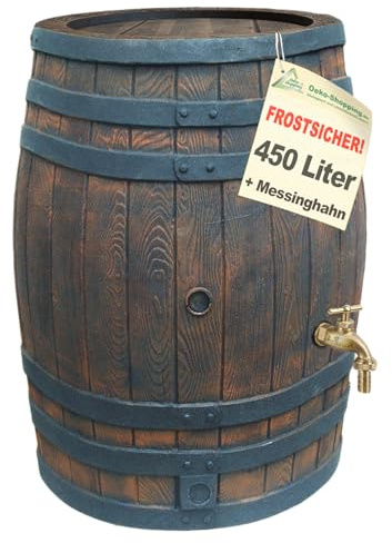 REGENTONNE REGENFASS Wasserfass Regenbehälter Gartenfass Wassertonne EICHENFASS Messinghahn Messing-Wasserhahn Holz-Optik (450, Liter, 450L Eichenfass+Messinghahn)