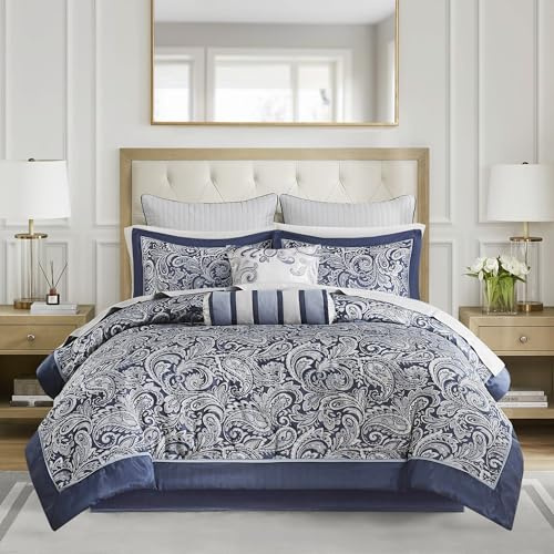 Madison Park Aubrey Gemütliches Bettwäsche-Set, Kunstseide Jacquard Paisley Design – All Season Down Alternative Bettwäsche Schicht mit Bettrock, dekoratives Kissen, Queen, Marineblau, 12-teilig