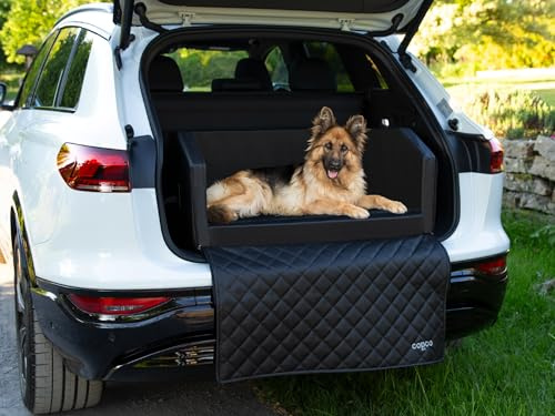 CopcoPet Hundebox Auto Kofferraumschutz Hund mit ladekantenschutz kofferraum【Mit Tasche】kofferraum schutzmatte herausnehmbar - Hunde Autositz mit Anschnallsystem, hundetransportbox 70x55x38cm Schwarz