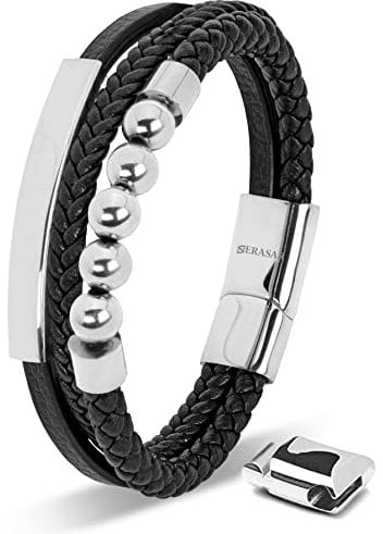 SERASAR Silber Armband 17cm Herrenarmband Männer Leder Armreif Herren Lederband Herrenarmreif Armschmuck Schmuck Armkette Flecht Wickelarmband Kette