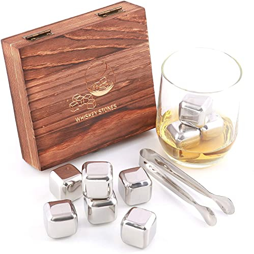 Whisky-/Whisky-Geschenk-Set mit 9 natürlichen Speckstein- und Granit-Kühlsteinen, mit stilvoller Box und Samtbeutel (6 Edelstahl)