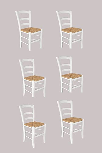 SISA srl, Set di 6 Sedie Sala da Pranzo Legno, Sedie Cucina Legno, Arredo Casa, Modello Paesana, Colore Laccato Bianco, Seduta Paglia, 45x37x87, Sedie Bianche, Made In Italy