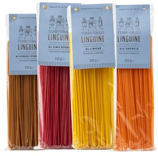 Terre Dei Trulli Linguine Aromatizzate Assortite, Limone, Arancia, Funghi, Vino Rosso 4 Confezioni Da 250g | Pasta Artigianale Tradizionale 100% Italiana | Pasta Di Semola Di Grano Duro Made In Italy