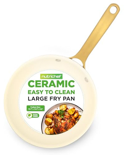 NutriChef 12-Inch Professional Ceramic Frying Pan - Large Skillet with Golden Titanium Handle, Non-Stick Ceramic Coating, Stain-Resistant, Easy to Clean, Ideal for Home Cooking