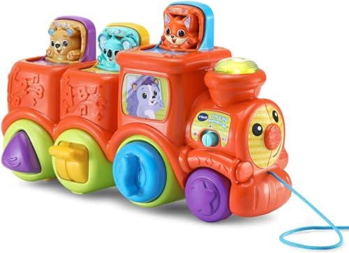 Vtech Baby Pop & Sing Animal Train, English | Push or pull the train for melodies and sounds, then press the shapes to make the animals pop up. Ages 6-36 months