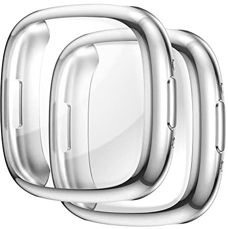 Acadeny [2 Stücke Hülle Kompatibel mit fitbit Versa 4/Sense 2, Silber- hohe Transparenz Rundum Schutzhülle mit Displayschutzfolie, [Anti-Fleck] [Kratzfest] Ultradünne TPU Schutzhülle für