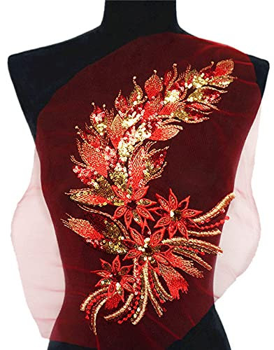 Yulakes Pailletten Federschwanz Applikationen Aufnäher Bügelbild Aufbügler Bügeleisen auf Patches Pailletten-Stickerei Applikation für Kleidung zum Aufnähen DIY Design Verzierungen (Rot)