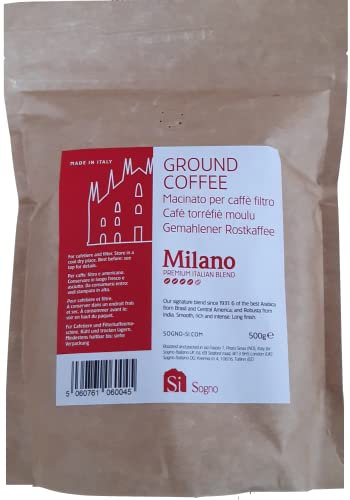 Si Sogno Milano Ground Coffee: Premium Italian Blend, Rich and Smooth; Medium Roast, 500g - Perfect for Moka Pots & Filters