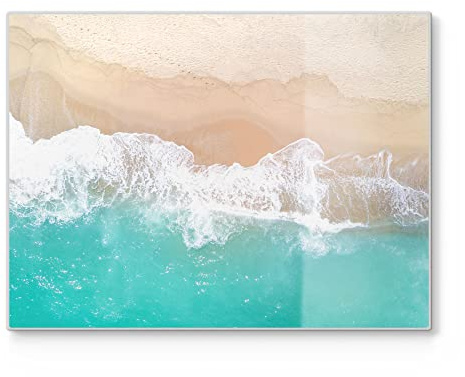 DEQORI Schneidebrett aus Glas | groß 40x30 cm | Motiv Wellen brechen am Strand | Design Schneideplatte für Küche | Frühstücksbrett antibakteriell & rutschfest | Glasplatte & Servierplatte