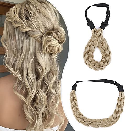 Elailite Haarband Geflochten Haargummi mit Haare Damen Haarteile Dutt Braids Extensions Stirnband Breit 3.8cm/L Zopf Haarreif Verstellbare Kopfband Haarschmuck 50g # Hellblond/Blassblond