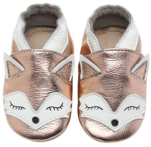 Krabbelschuhe Baby Lauflernschuhe Jungen Weiche Leder Babyschuhe Kleinkind Lederschuhe mädchen Babyhausschuhe(RoseGold Fuchs,2-3 Jahre)