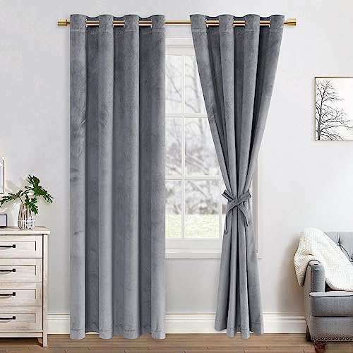 JIUZHEN Verdunklungsvorhang aus Samt,2er Set weiche blickdichte Gardinen mit Ösen für Schlafzimmer,140x215cm (Breite x Höhe),Graue
