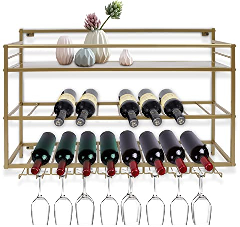 Fetcoi 3 Ebenen Wandmontage Weinregal mit Weinglas-Halterungen Wand Glashalter Flaschenregal Gold aus Stahl Weinflaschenregale für Esszimmer Küche, 25 * 80 * 55cm