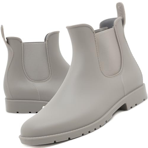 Acfoda Gummistiefel Damen Kurzschaft Regenstiefel Frauen Wasserdicht Lack Regen Schuhe Ankle Chelsea Boots Gummi Stiefeletten mit Blockabsatz Grau Gr.38
