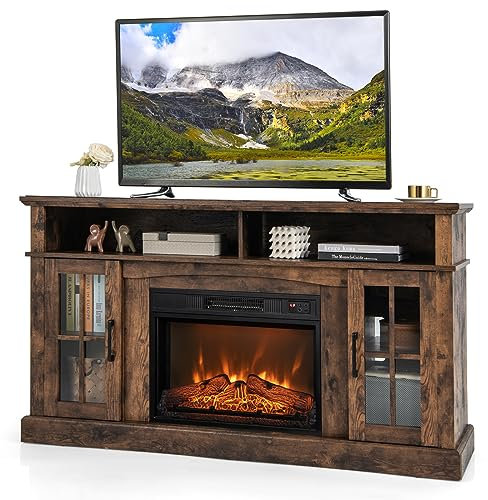 TANGZON Electric Fireplace Insert TV Stand, Freestanding Media Console Table Entertainment Center with 1800-2000W Fireplace Heater & Remote Control (Brown, 23 Fireplace,148x40x82cm for 65 TV)