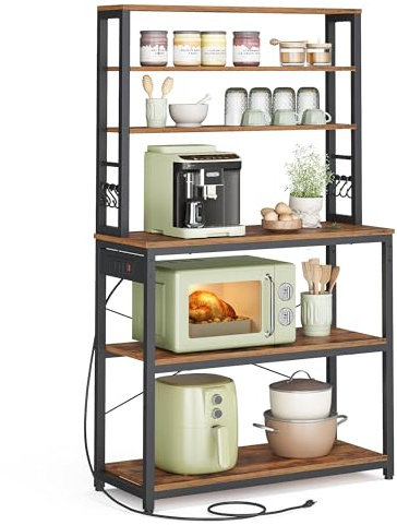 VASAGLE Bakers Rack with Power Outlet, 31.5 Inches Coffee Bar for Kitchen with Storage, 6-Tier Kitchen Shelves with 6 Hooks, Microwave Stand, Industrial, Rustic Brown and Ink Black UKKS119K01