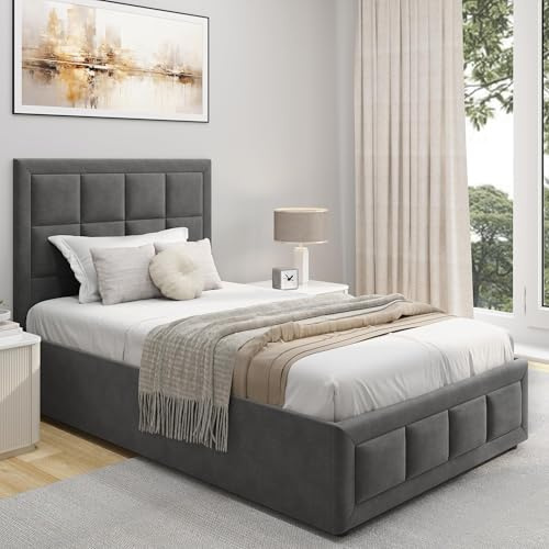 Upholstered Single Ottoman Bed Frame with Mattress Included, UKFR Velvet Grey Ottoman Storage Bed with Gas Lift End Opening Wooden Slats with Storage Bed (3ft Single 90 x 190, Mattress Included)