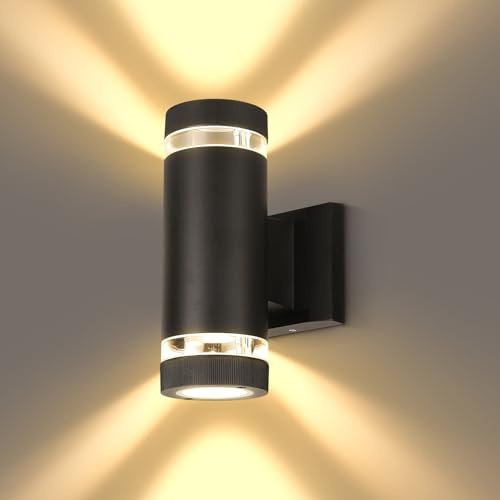 CANMEIJIA Aluminium Wall Light GU10 Base Round Sconce with 2 Warm Bulbs | Featuring a round clear shade and weather-resistant design this modern sconce delivers elegant up and down lighting